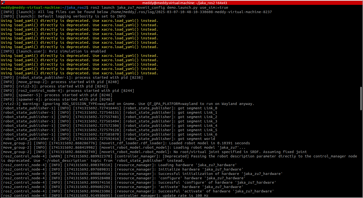 Figure 4-14: Launch Demo Moveit Config in Simulation Mode Command Output